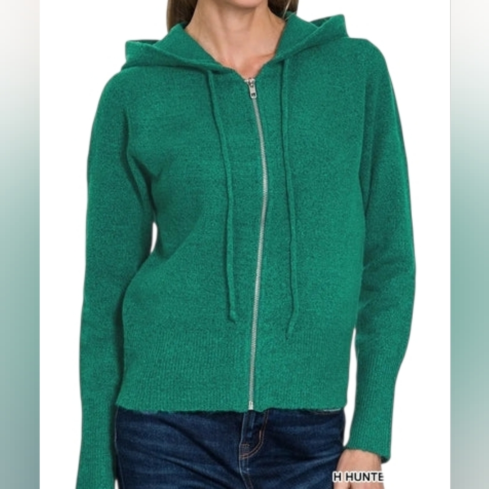 New Zenana Green Womens Zip-Up Hoodie Cardigan Sweater S Fitted